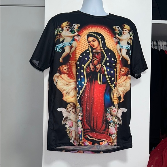 Black T-Shirt with Virgin Mary and Angels Design - Picture 1 of 13